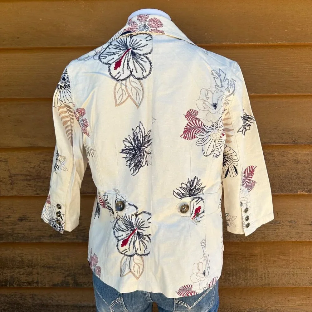 Vintage Multiples Embroidered Red Blue Cream Linen Blazer Size M - Picture 3 of 9